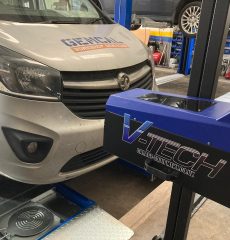 Vehicle wheel alignment check using precision alignment equipment.
